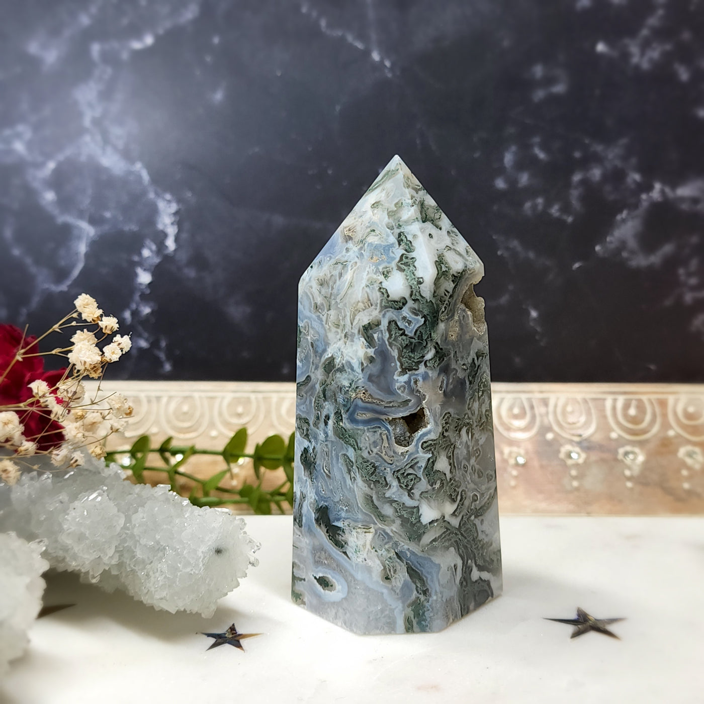 Druzy Moss Agate Tower